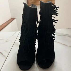 Aldo Black Fringe Peep-Toe Heeled Ankle Boots